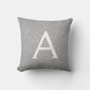 Silver Sparkle Glitter Monogram Name & Initial Cushion