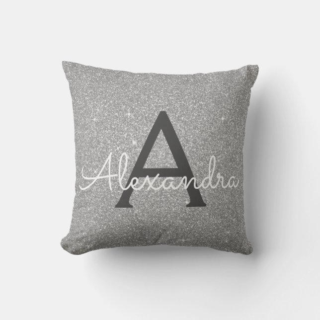 Silver Sparkle Glitter Monogram Name & Initial Cushion (Front)