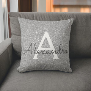 Silver Sparkle Glitter Monogram Name & Initial Cushion