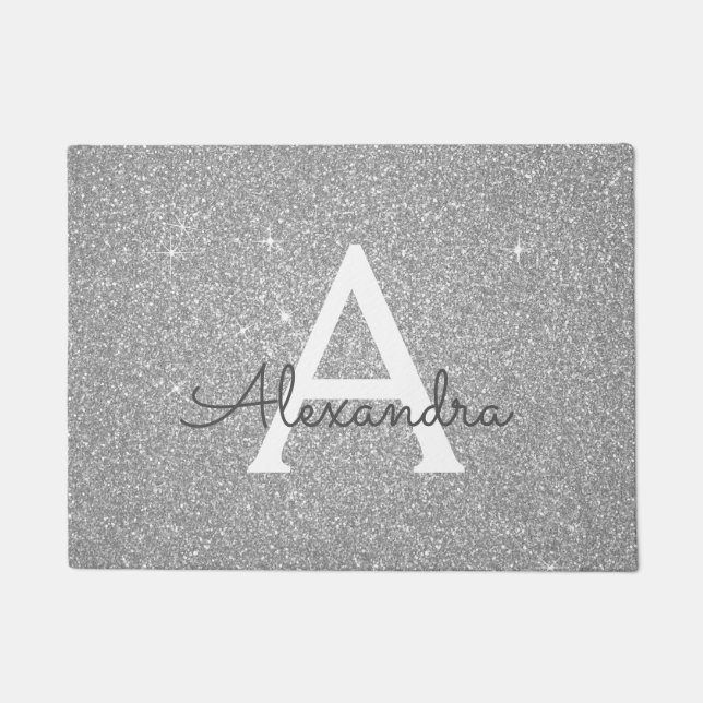 Silver Sparkle Glitter Monogram Name & Initial Doormat (Front)