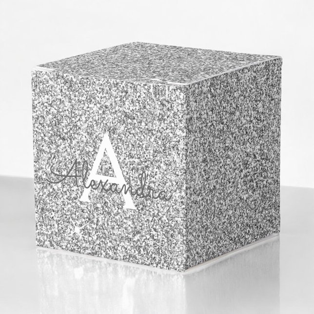 Silver Sparkle Glitter Monogram Name & Initial Favour Box (Creator Uploaded)