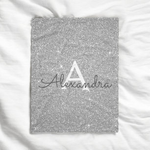 Silver Sparkle Glitter Monogram Name & Initial Fleece Blanket