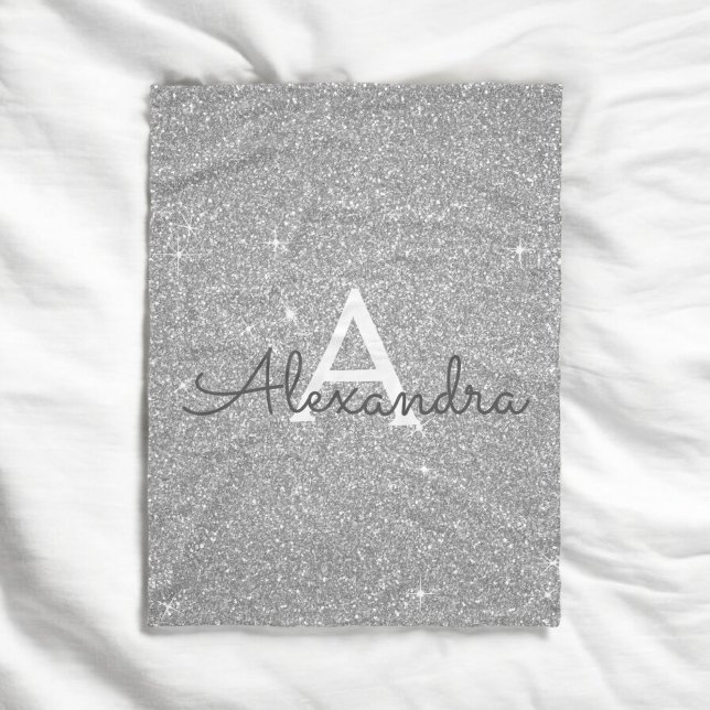 Silver Sparkle Glitter Monogram Name & Initial Fleece Blanket (Creator Uploaded)