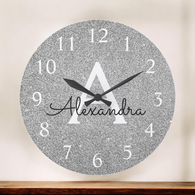 Silver Sparkle Glitter Monogram Name & Initial Large Clock (Creator Uploaded)