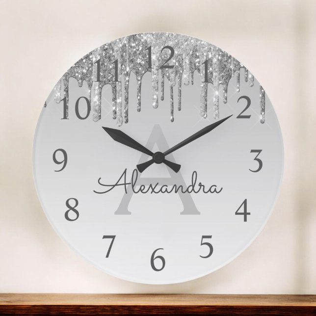 Silver Sparkle Glitter Monogram Name & Initial Large Clock (Creator Uploaded)