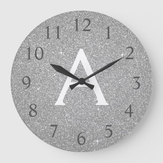 Silver Sparkle Glitter Monogram Name & Initial Large Clock (Front)