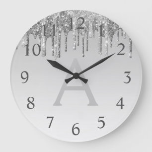 Silver Sparkle Glitter Monogram Name & Initial Large Clock