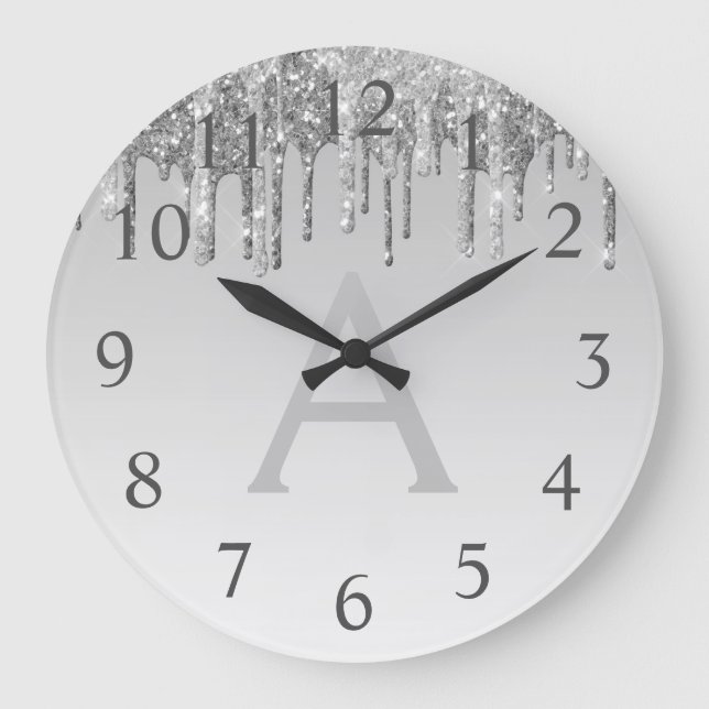 Silver Sparkle Glitter Monogram Name & Initial Large Clock (Front)