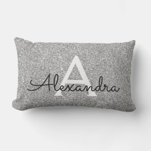 Silver Sparkle Glitter Monogram Name & Initial Lumbar Cushion