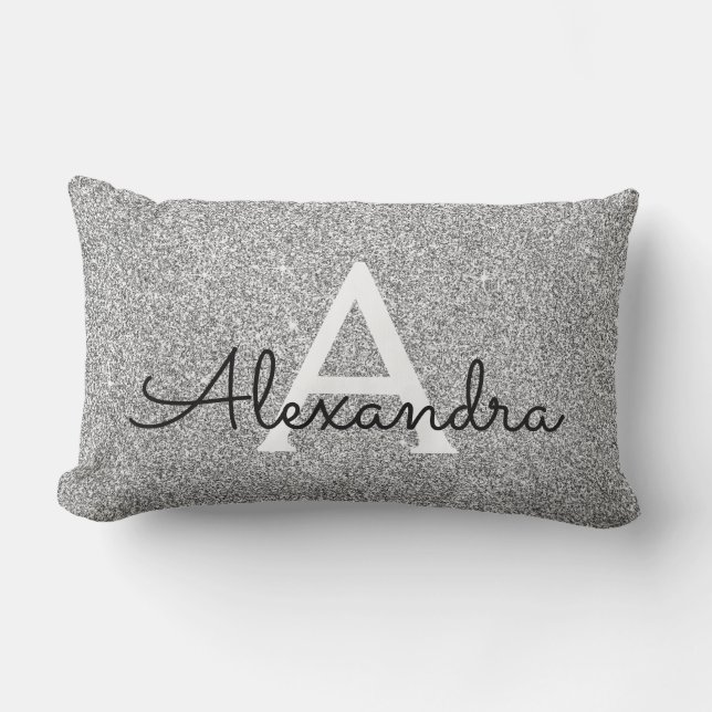 Silver Sparkle Glitter Monogram Name & Initial Lumbar Cushion (Front)
