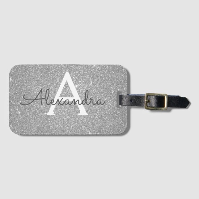 Silver Sparkle Glitter Monogram Name Luggage Tag (Front Horizontal)