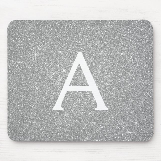 Silver Sparkle Glitter Monogram Name Mousepad (Front)