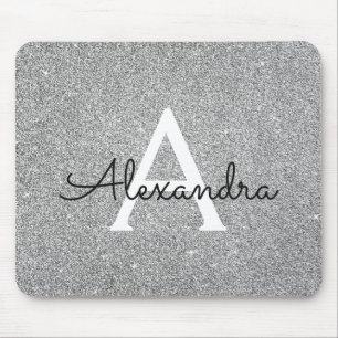Silver Sparkle Glitter Monogram Name Mousepad