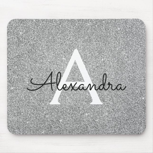 Silver Sparkle Glitter Monogram Name Mousepad (Front)