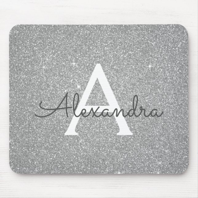 Silver Sparkle Glitter Monogram Name Mousepad (Front)