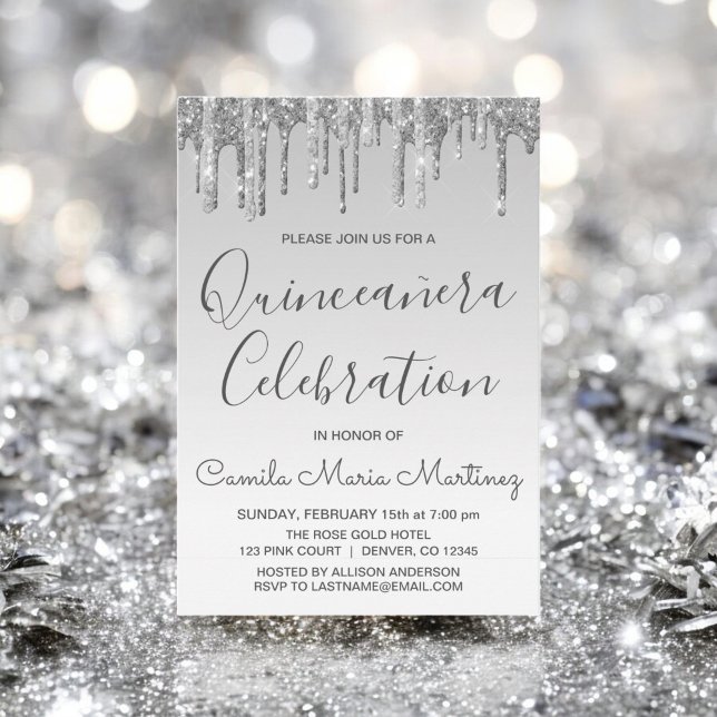 Silver Sparkle Glitter Quinceanera Celebration Invitation (Creator Uploaded)