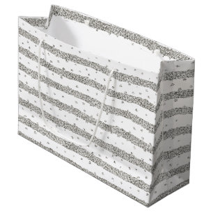Silver Sparkle Glitter Stripes Dots Large Gift Bag