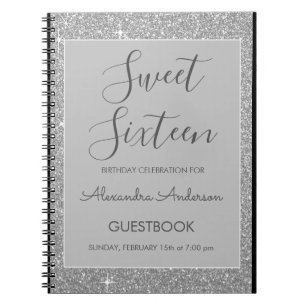 Silver Sparkle Glitter Sweet 16 Guestbook Notebook