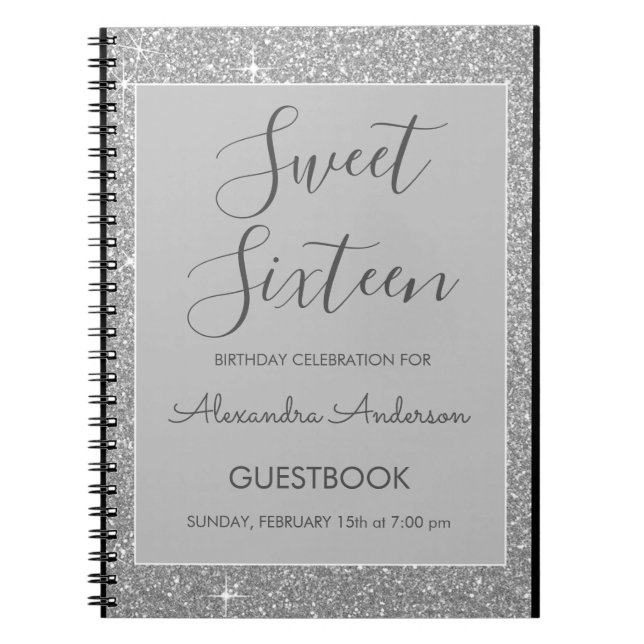 Silver Sparkle Glitter Sweet 16 Guestbook Notebook (Front)
