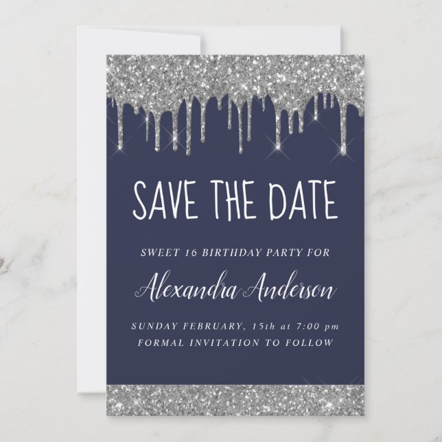 Silver Sparkle Glitter Sweet 16 Save the Date Invitation (Front)