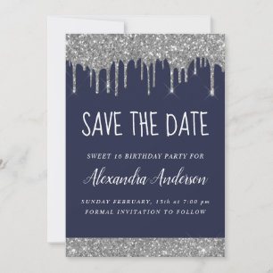 Silver Sparkle Glitter Sweet 16 Save the Date Invitation