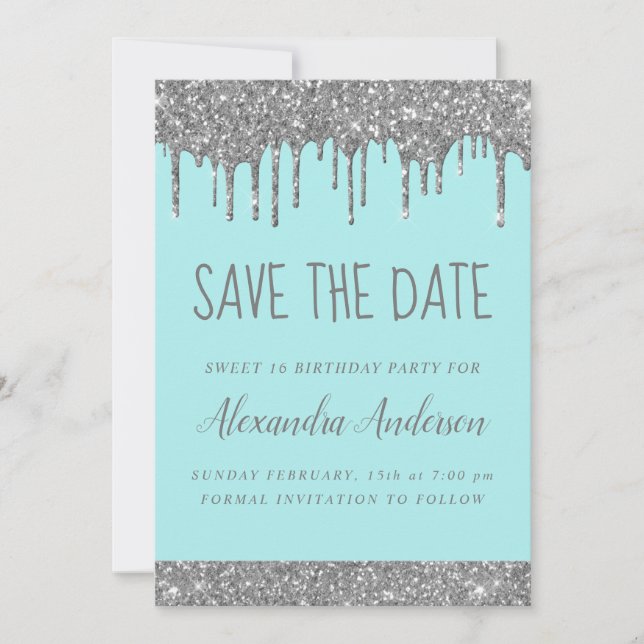 Silver Sparkle Glitter Sweet 16 Save the Date Invitation (Front)