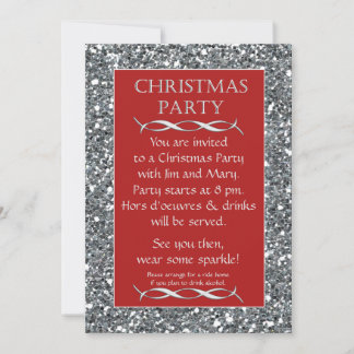 Silver Sparkle Look Red Christmas Party Invitation