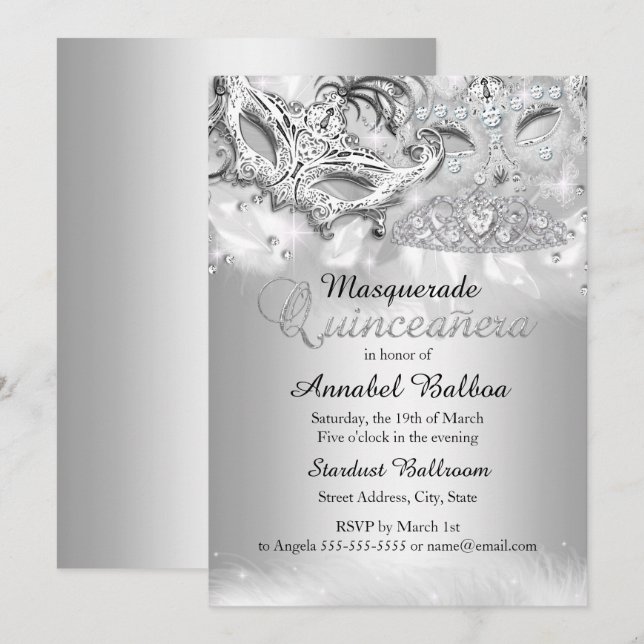 Silver Sparkle Masquerade Quinceanera Invite (Front/Back)