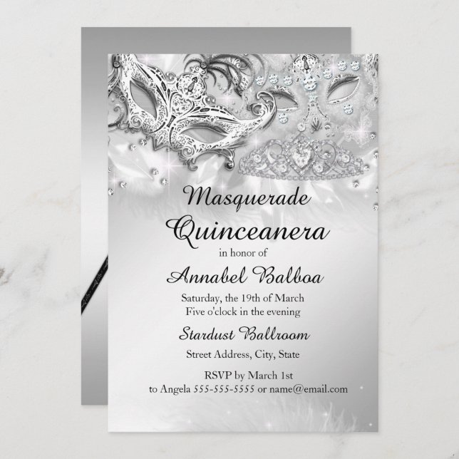 Silver Sparkle Masquerade Quinceanera Party Invitation (Front/Back)