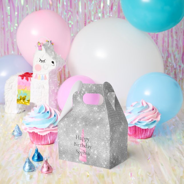 Silver Sparkle Pink Glam Unicorn Birthday Favour Box (Party)