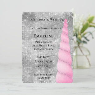 Silver Sparkle Pink Glam Unicorn Birthday Invitation