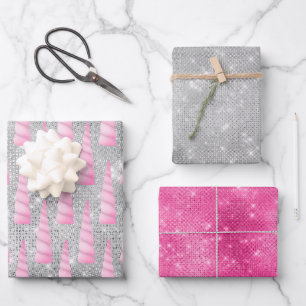 Silver Sparkle Pink Glam Unicorn Birthday Wrapping Paper Sheet