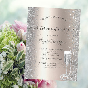 Silver Sparkle Prosecco  Pearls Ivory Retirement  Invitation