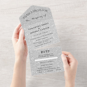 Silver Sparkle RSVP Elegant Modern Wedding All In One Invitation