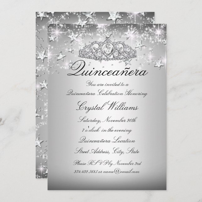 Silver Sparkle Tiara Stars Quinceanera Invite (Front/Back)