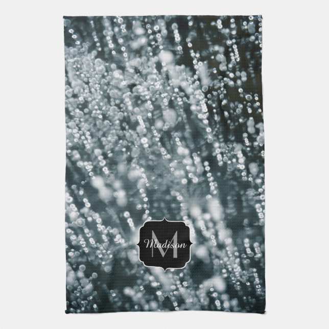 Silver sparkles Frozen Ice bubbles Monogram Tea Towel (Vertical)