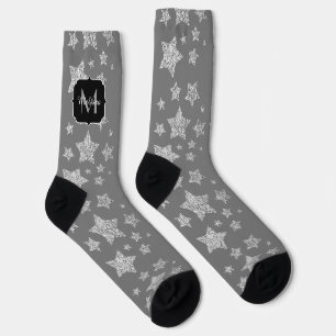 Silver sparkles Stars pattern light grey Monogram Socks