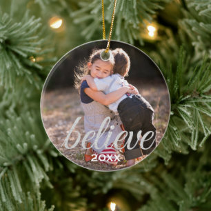 Silver Sparkly Believe Script Christmas Photo Ceramic Ornament
