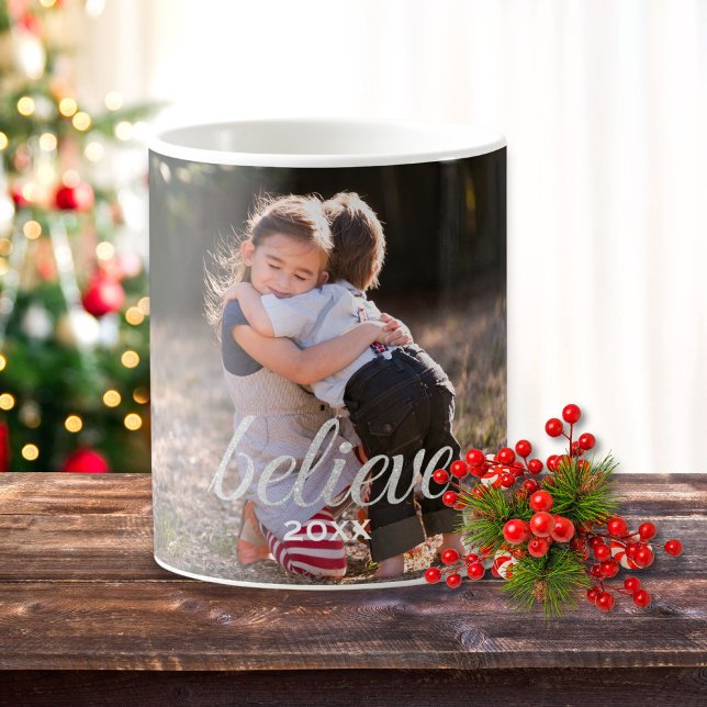 Silver Sparkly Believe Script Christmas Photo Coffee Mug (Creator Uploaded)