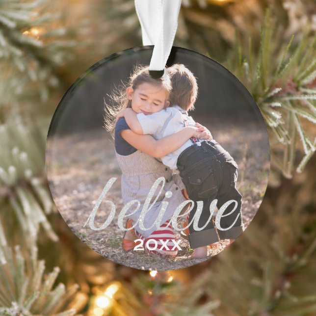 Silver Sparkly Believe Script Christmas Photo Ornament (Tree)