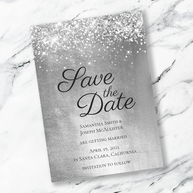 Silver Sparkly Glitter and Shiny Ombre Foil Save The Date (Creator Uploaded)