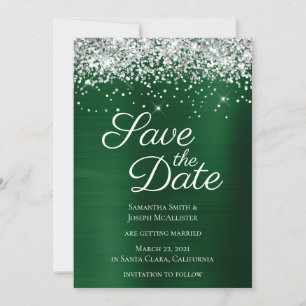 Silver Sparkly Glitter Dark Green Ombre Foil Save The Date