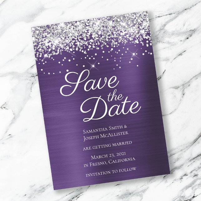 Silver Sparkly Glitter Dark Violet Ombre Foil Save The Date (Creator Uploaded)