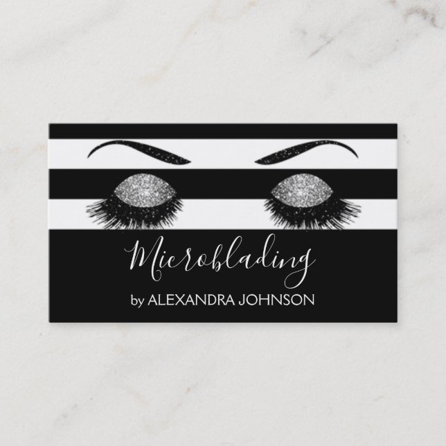 Silver Sparkly Glitter Modern Microblading Business Card (Front)