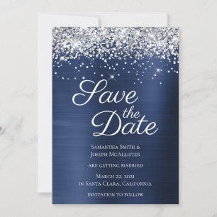Silver Sparkly Glitter Navy Blue Ombre Foil Save The Date