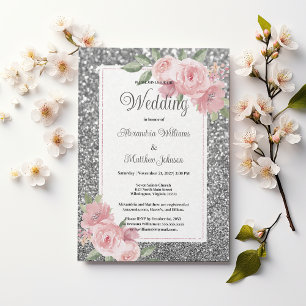 Silver sparkly glitter pink floral Wedding  Invitation