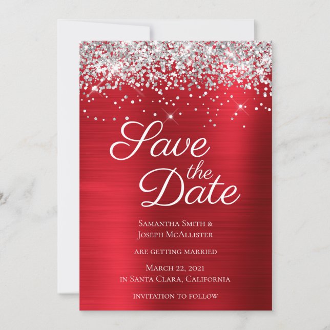 Silver Sparkly Glitter Red Ombre Foil Save The Date (Front)