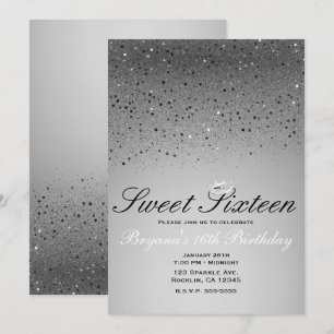 Silver Sparkly Glitter Sweet 16 Crown Party Invitation