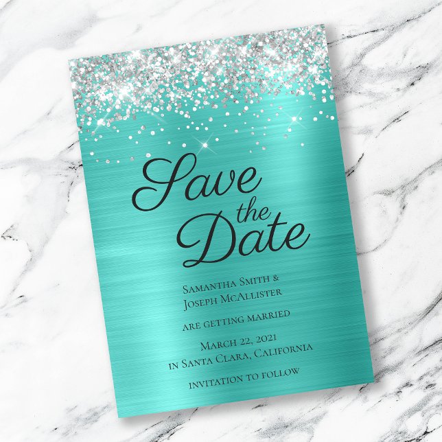 Silver Sparkly Glitter Turquoise Ombre Foil Save The Date (Creator Uploaded)