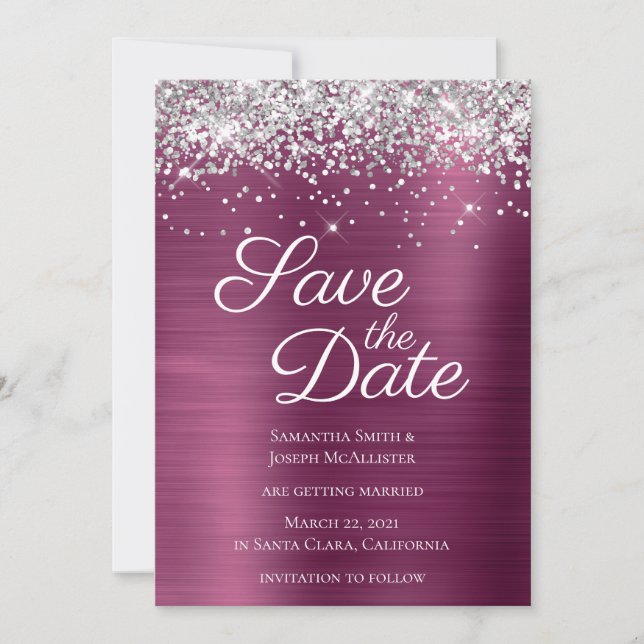 Silver Sparkly Glitter Wine Ombre Foil Save The Date (Front)